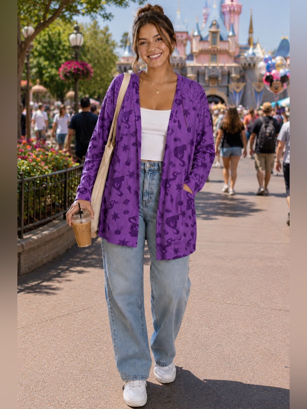 Disney/Tangled Purple Open-Front Long Cardigan with Rapunzel Icons Allover Print